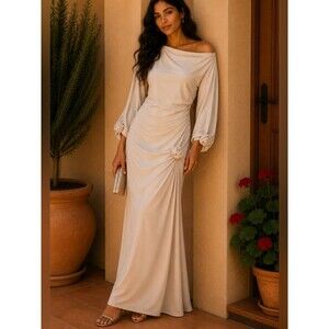 SHEIN Curve Blush Beige Off the Shoulder Ruched Maxi Dress 1X